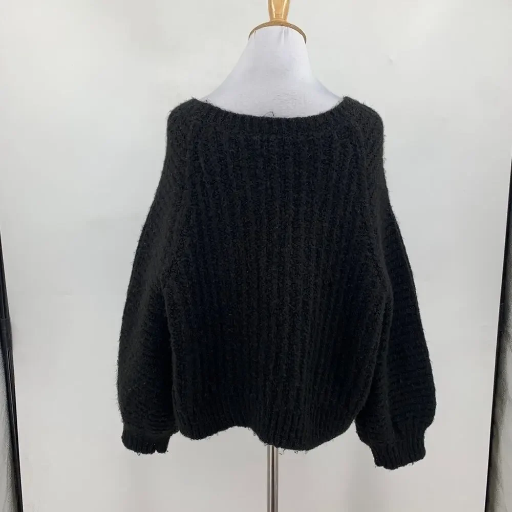 Free People Sweater Womens M Medium Black Carter Knit Balloon Sleeves Boxy
